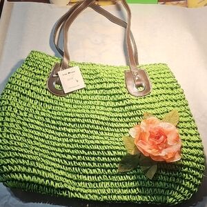 Bijuju Green Woven Tote Bag with Floral Accent